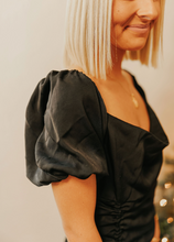 Load image into Gallery viewer, Black Satin Ruched Mini Dress
