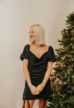 Load image into Gallery viewer, Black Satin Ruched Mini Dress

