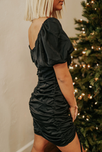 Load image into Gallery viewer, Black Satin Ruched Mini Dress
